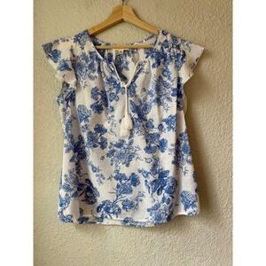 Land n Sea Women Blue White Floral Toile Cotton Flutter Sleeve Tassel Top M